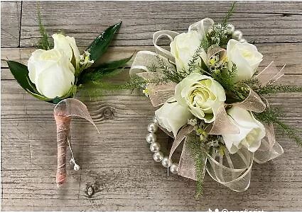 CREAM AND PEARL WRISTLET AND BOUTONNIERE COMBO
